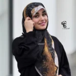 روسری نخی کاستوم سیتو طرح رزین 3 قواره 110 سفید سرخابی مشکی طلایی